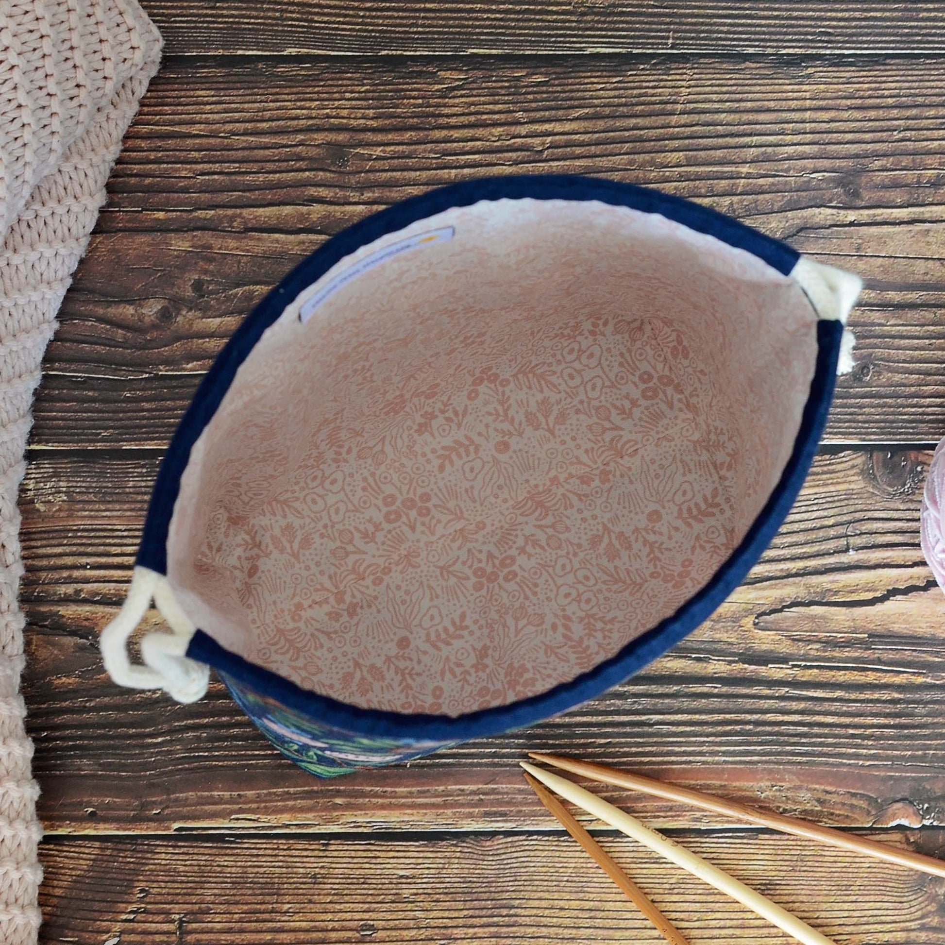Navy floral drawstring project bag in Rifle Paper Co Peonies cotton.  Made in Canada by Yellow Petal Handmade.