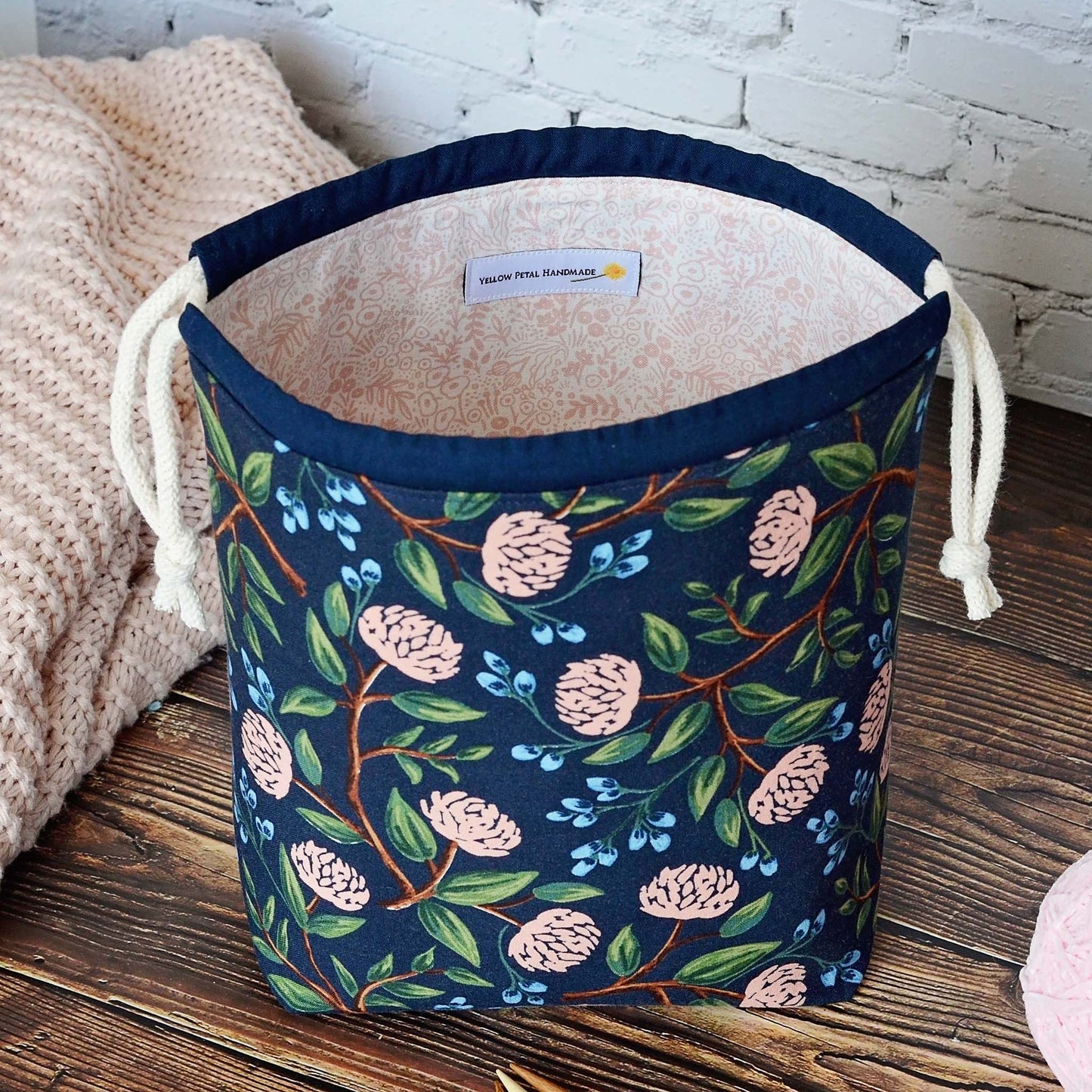 Navy floral drawstring project bag in Rifle Paper Co Peonies cotton.  Made in Canada by Yellow Petal Handmade.