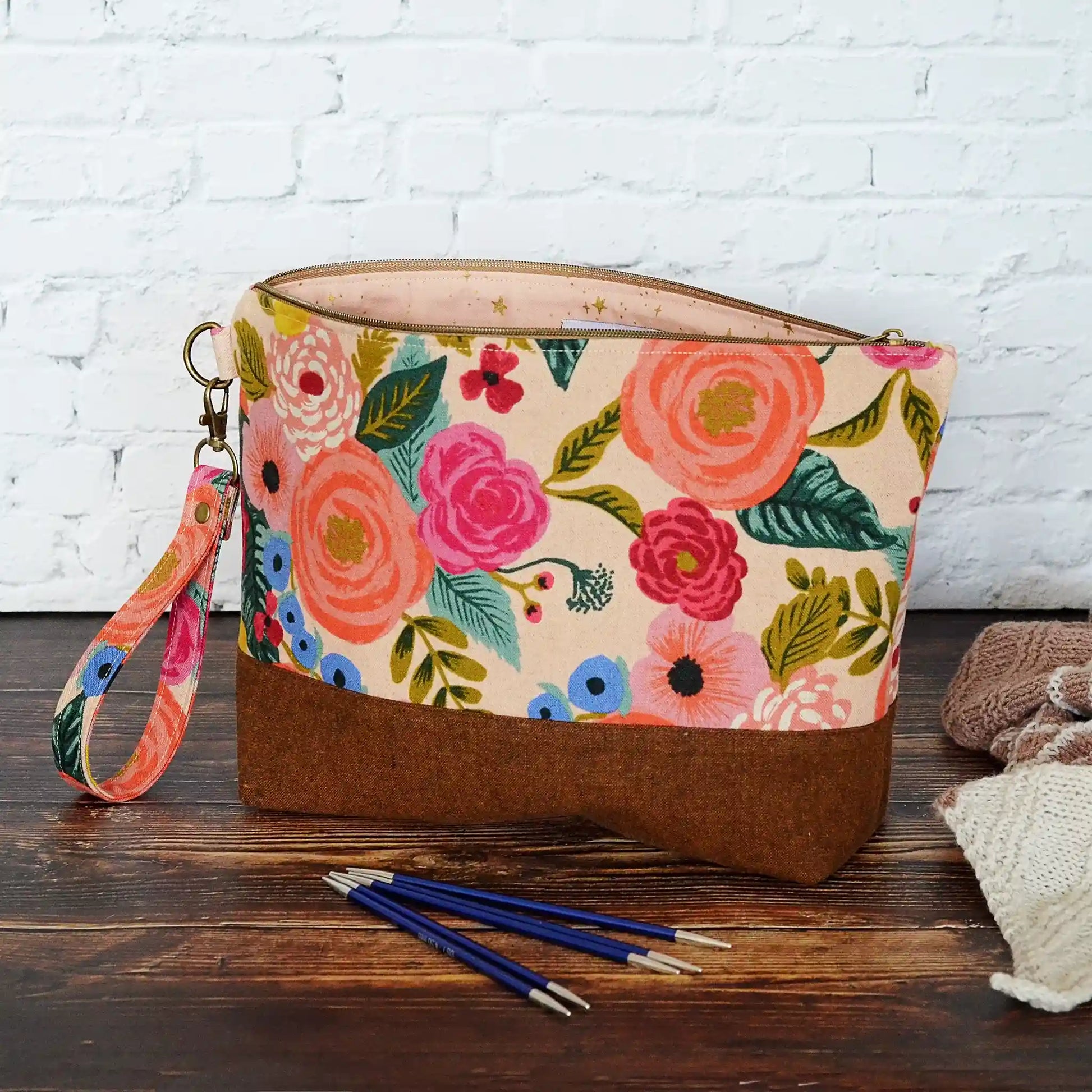 Zippered project bags in Rifle Paper Co Canvas print with linen bottoms and lined in pretty cotton fabrics.  Each have removable straps.  Made in Canada by Yellow Petal Handmade.