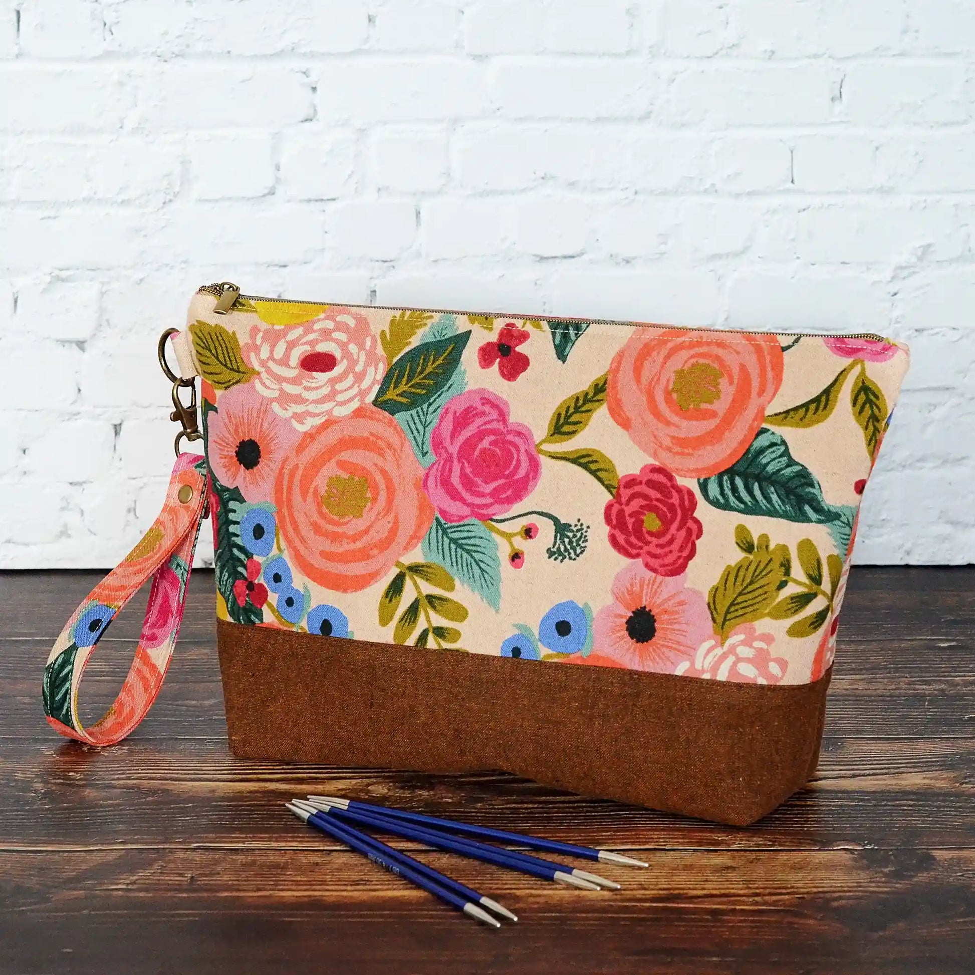 Zippered project bags in Rifle Paper Co Canvas print with linen bottoms and lined in pretty cotton fabrics.  Each have removable straps.  Made in Canada by Yellow Petal Handmade.
