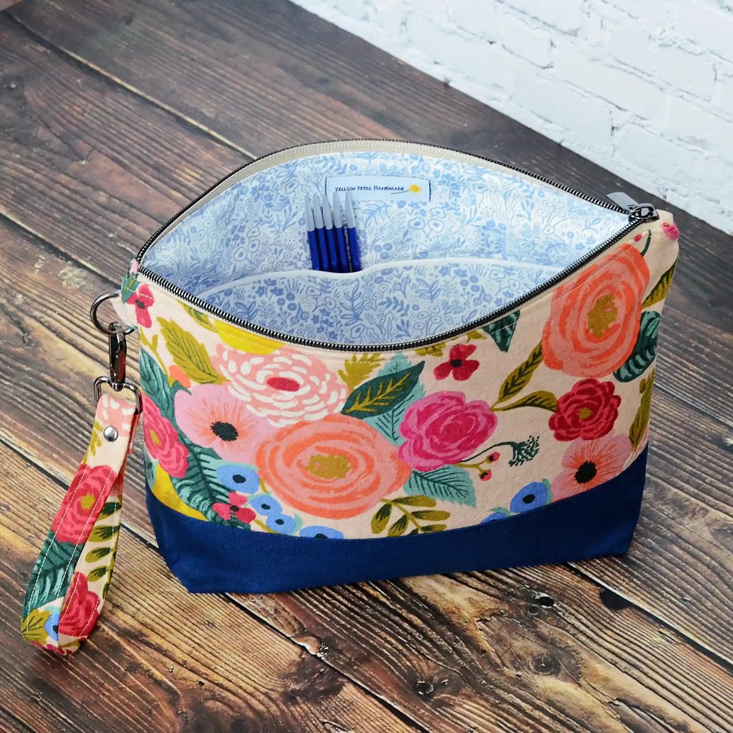 Zippered project bags in Rifle Paper Co Canvas print with linen bottoms and lined in pretty cotton fabrics.  Each have removable straps.  Made in Canada by Yellow Petal Handmade.