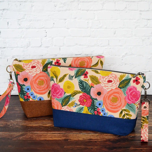 Zippered project bags in Rifle Paper Co Canvas print with linen bottoms and lined in pretty cotton fabrics.  Each have removable straps.  Made in Canada by Yellow Petal Handmade.