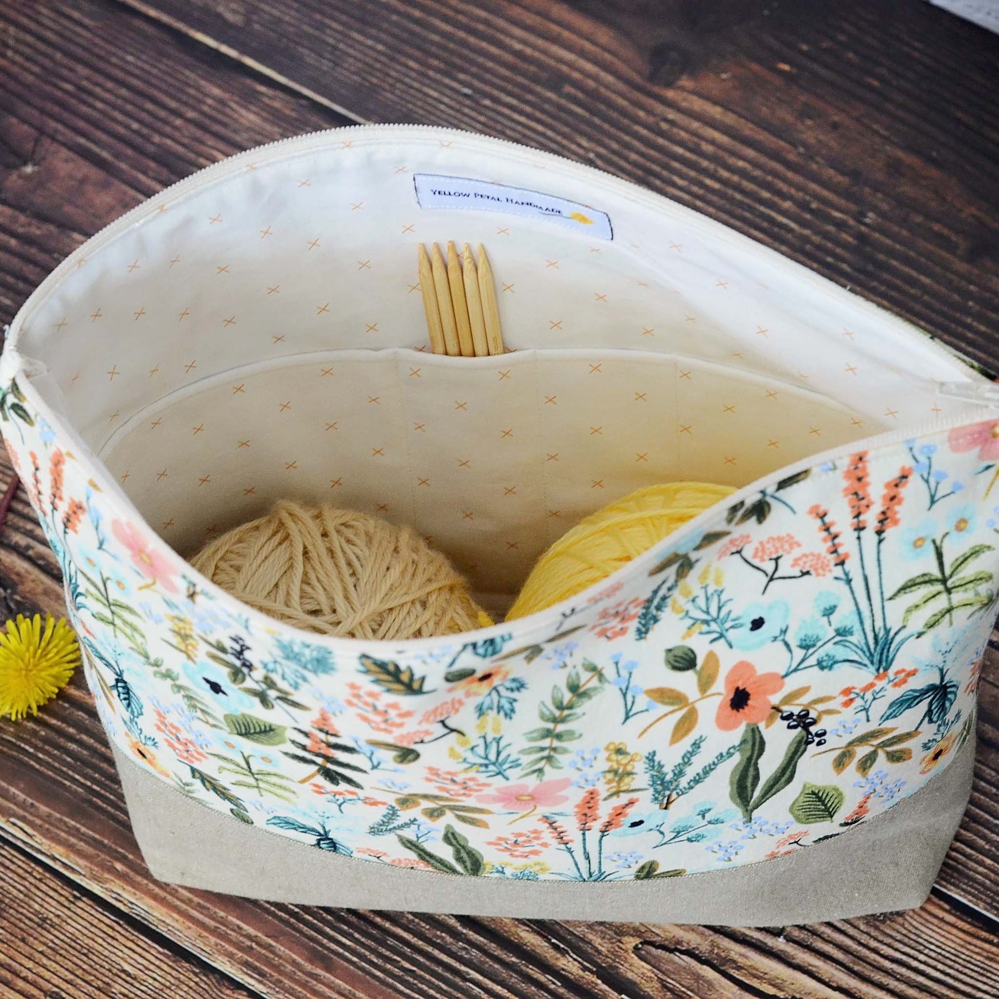 Zippered project bag in Rifle Paper Amalfi Herb Garden fabric paired with a Kaufman linen.  Comes with removable strap.  Made in Canada by Yellow Petal Handmade.Zippered project bag in Rifle Paper Amalfi Herb Garden fabric paired with a Kaufman linen.  Comes with removable strap.  Made in Canada by Yellow Petal Handmade.