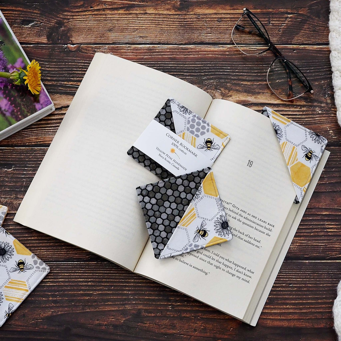 Fun bee corner bookmarks in three fabric choices, yellow, charcoal and plaid.  Made in Canada by Yellow Petal Handmade.
