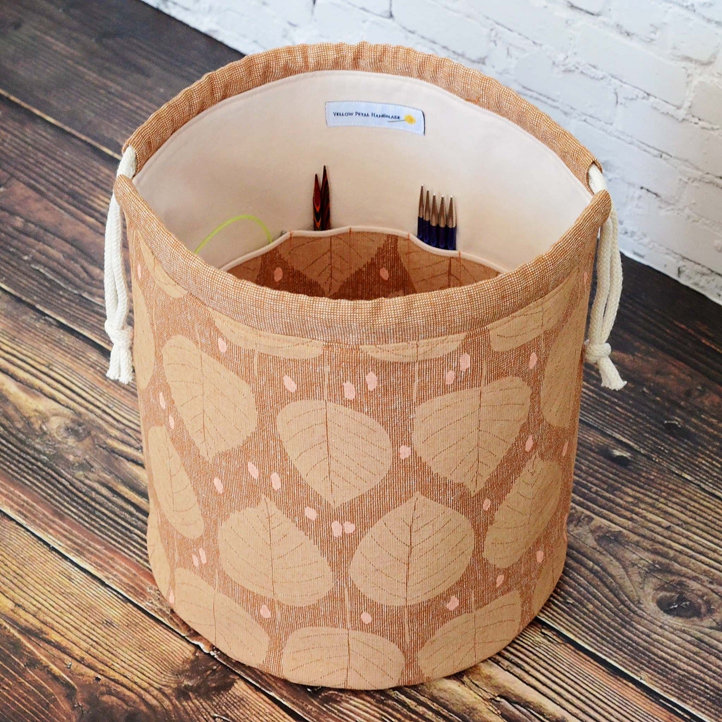 Brown linen knitting bag with leaves pattern. Made in Canada by Yellow Petal Handmade.