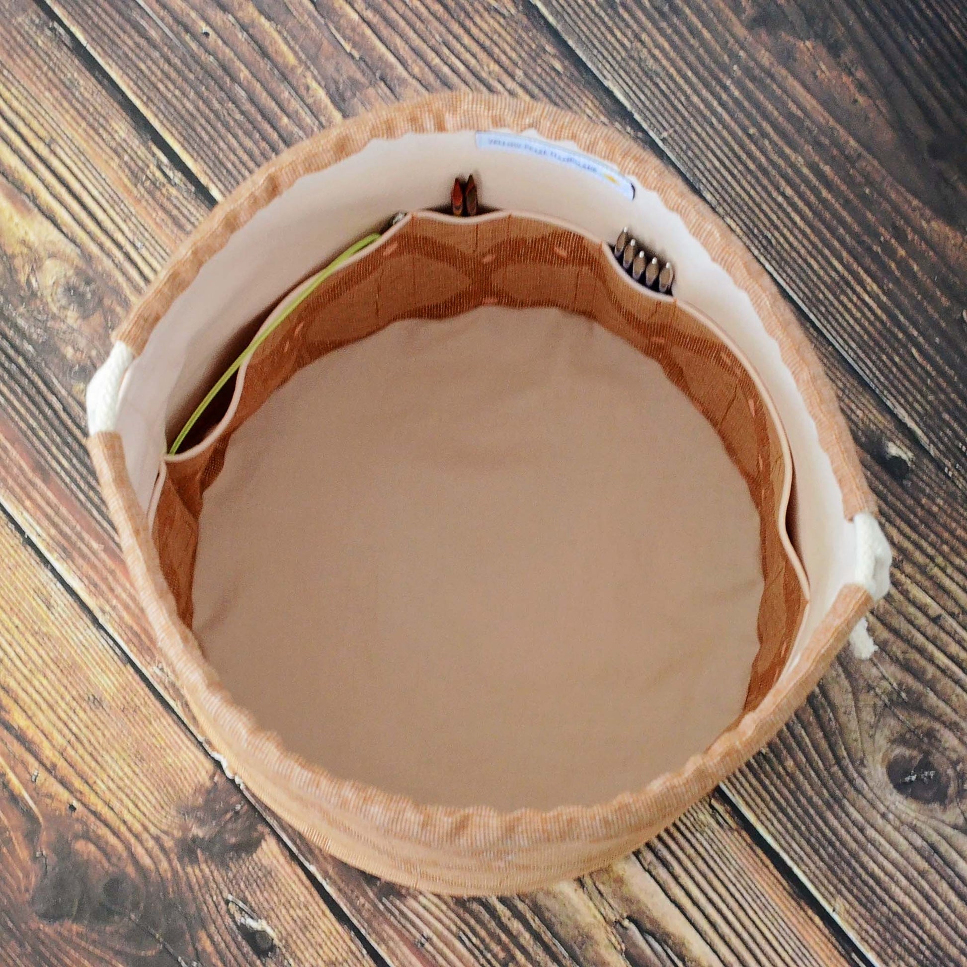 Brown linen knitting bag with leaves pattern. Made in Canada by Yellow Petal Handmade.