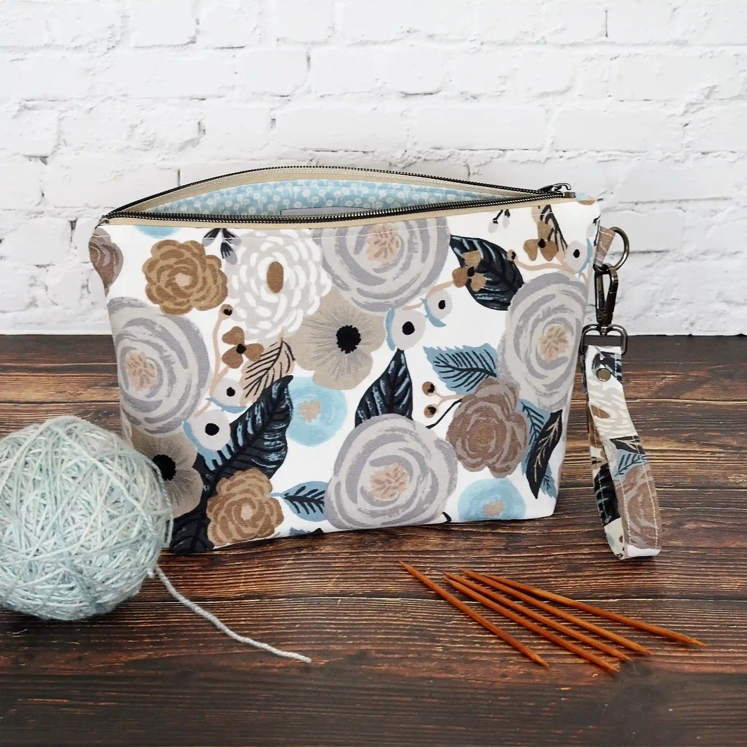 Grey and white floral canvas zippered pouch in Rifle Paper Co.  Made in Nova Scotia, Canada by Yellow Petal Handmade.