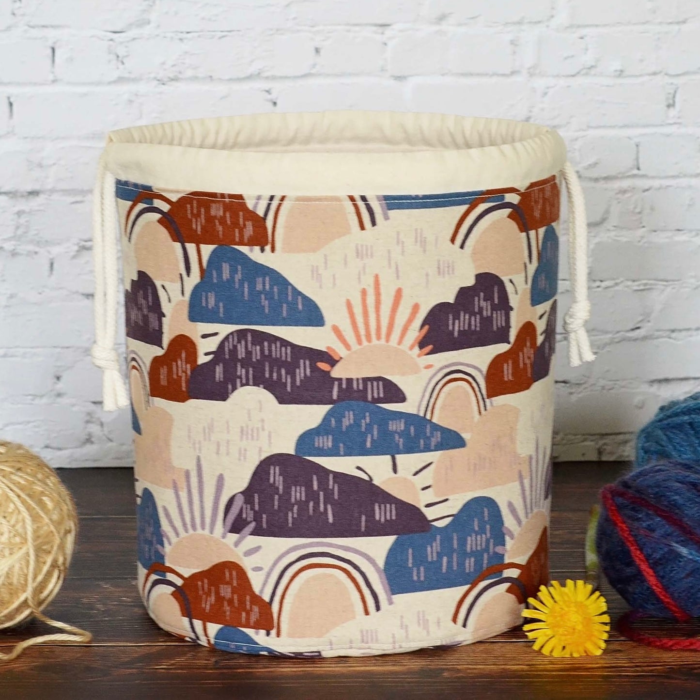 Rainbow Canvas Bucket Style Knitting Bag with Pockets