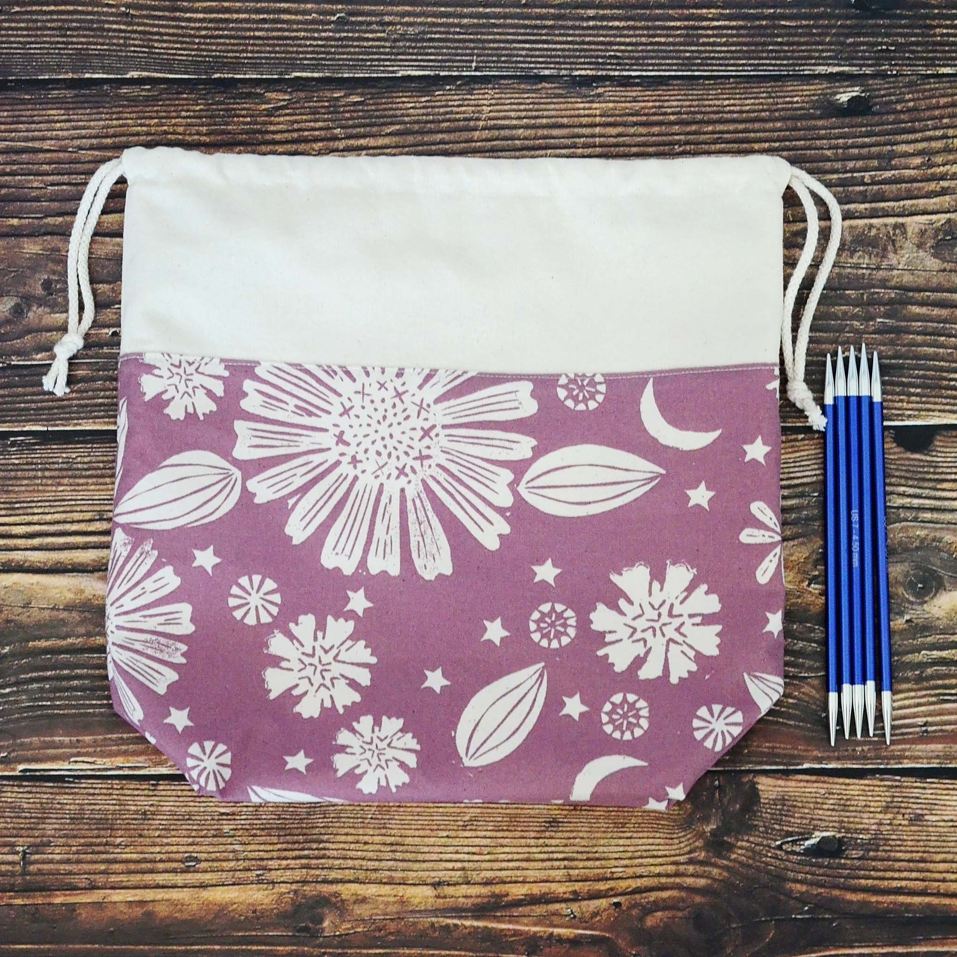 Purple foldable work in progress bag with drawstring.  Made in Canada by Yellow Petal Handmade.  On sale.