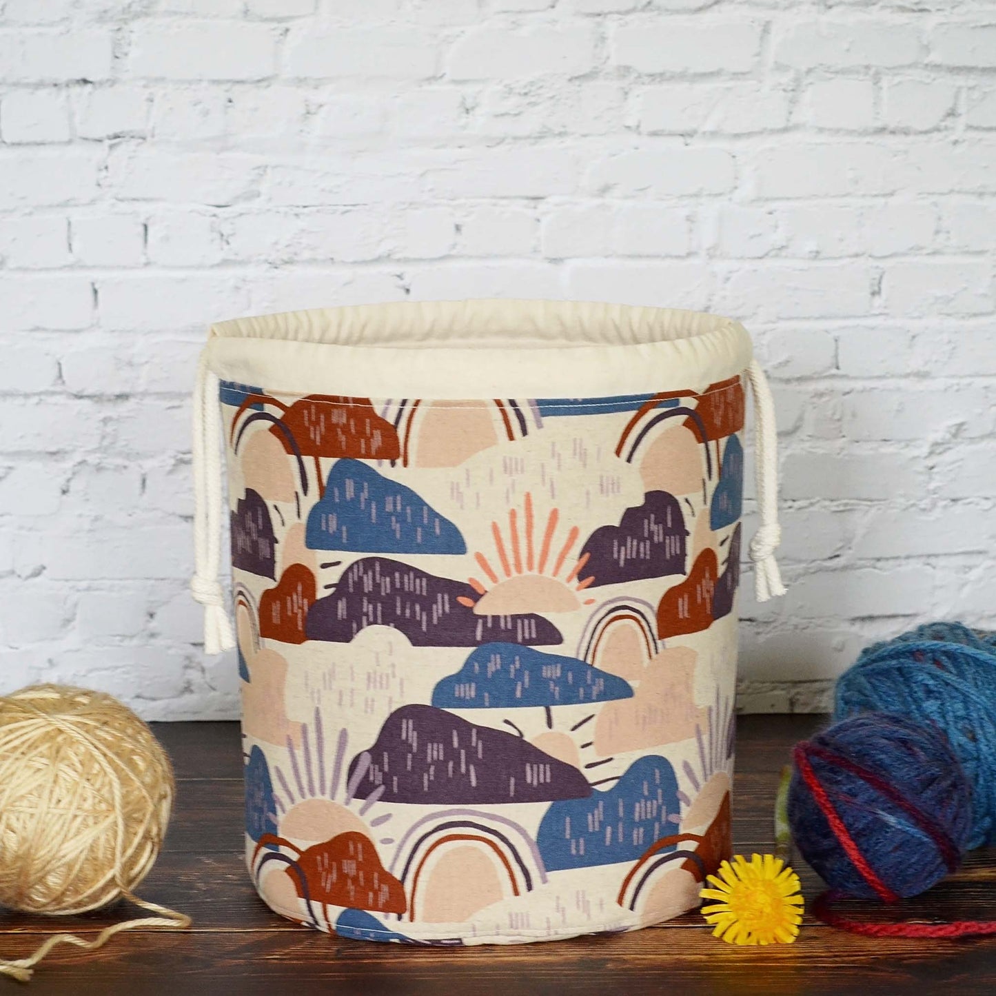 Rainbow knitting bag in canvas with multiple pockets  Handmade in Nova Scotia, Canada by Yellow Petal Handmade.