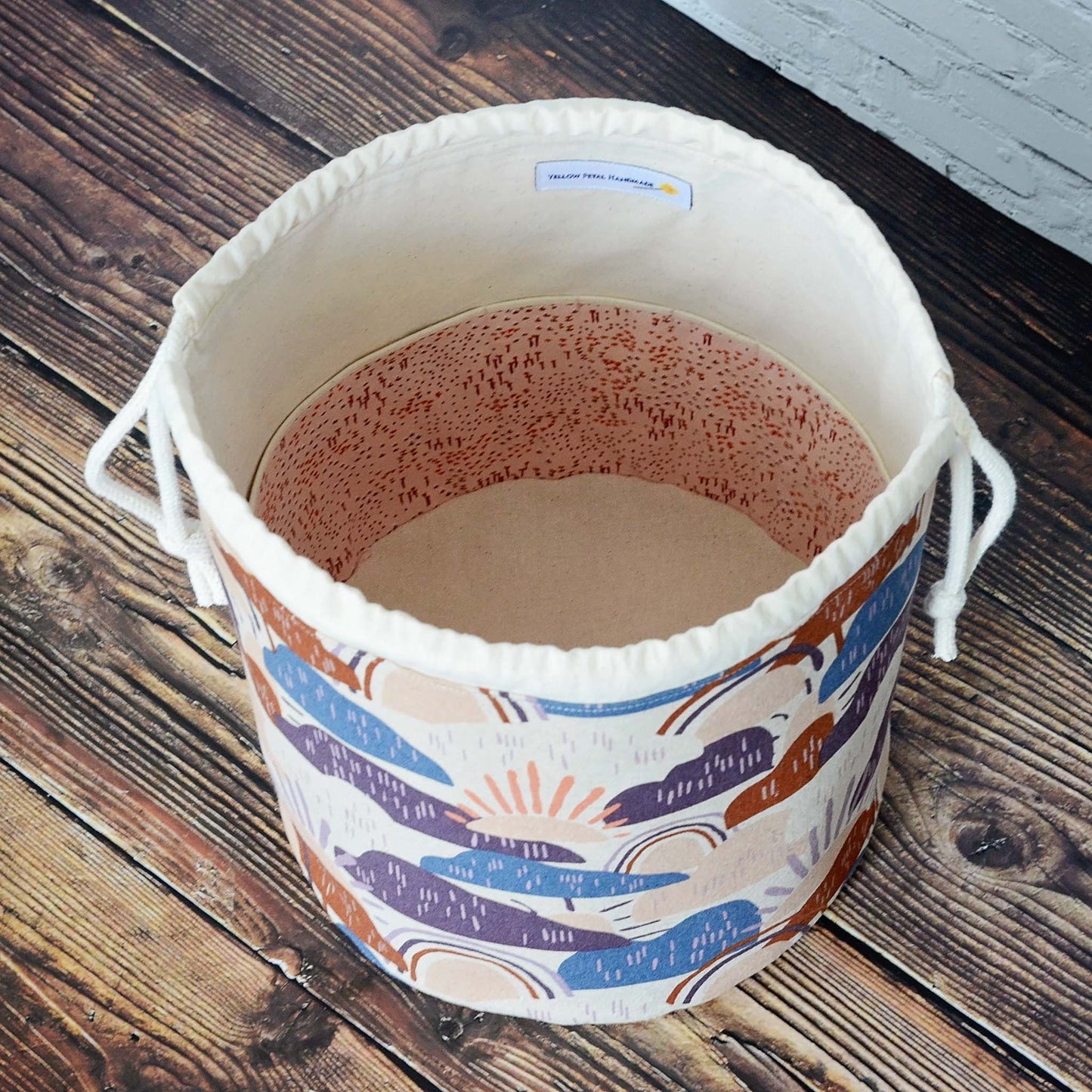 Rainbow knitting bag in canvas with multiple pockets  Handmade in Nova Scotia, Canada by Yellow Petal Handmade.