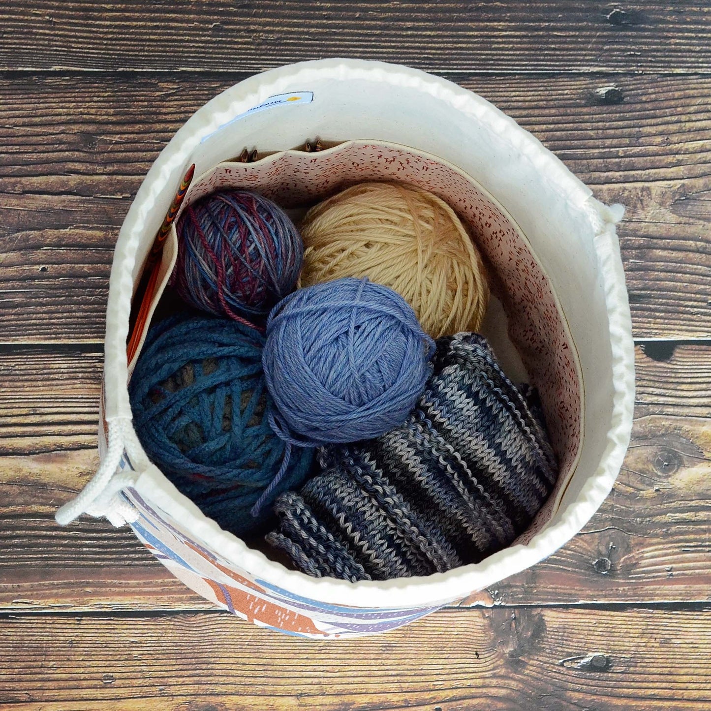 Rainbow Canvas Bucket Style Knitting Bag with Pockets