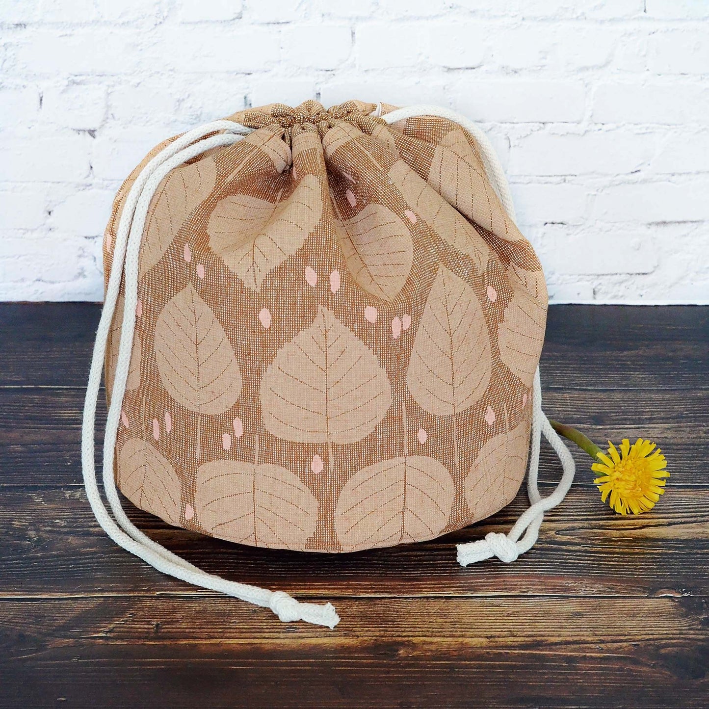 Brown linen knitting bag with leaves pattern. Made in Canada by Yellow Petal Handmade.